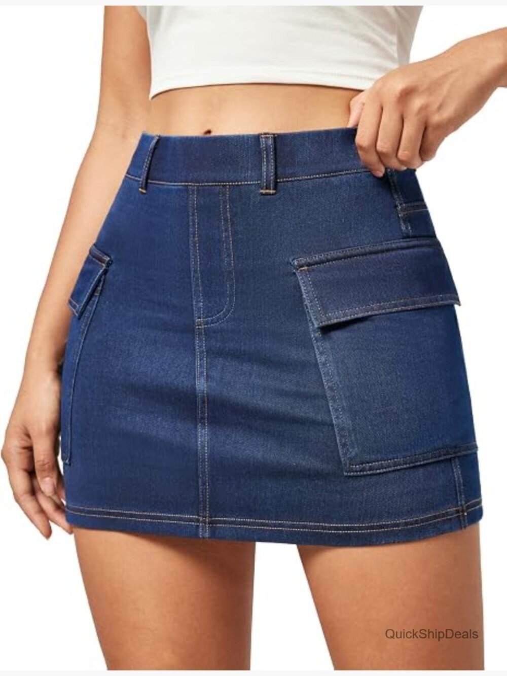 High Stretch Denim Cargo Skirt with Built-in Shorts Mini Skort A-Line